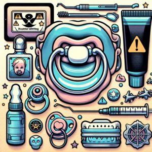 An illustration showing various viral dental trends like adult pacifiers, dental jewelry, and DIY whitening kits, with a background of warning signs to indicate health risks.