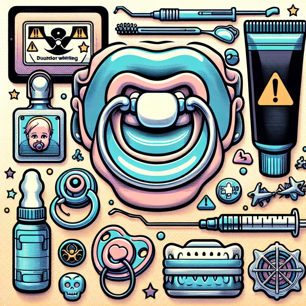An illustration showing various viral dental trends like adult pacifiers, dental jewelry, and DIY whitening kits, with a background of warning signs to indicate health risks.