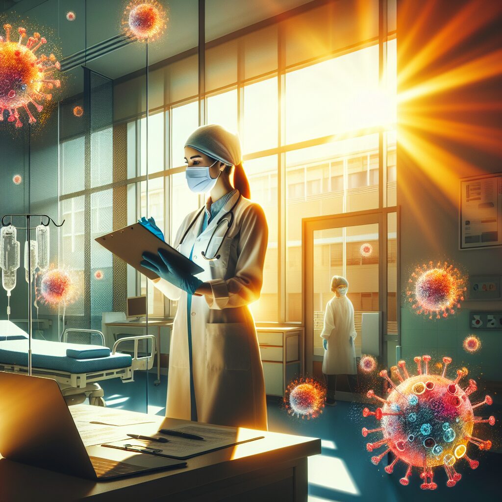 A digital illustration of a healthcare professional in a hospital setting, surrounded by vivid representations of enteroviruses. The setting shows summer elements like sunlight filtering through a window. The healthcare worker is wearing a mask and gloves, examining a chart, symbolizing vigilance and preparedness in combating viral infections in summer 2025.