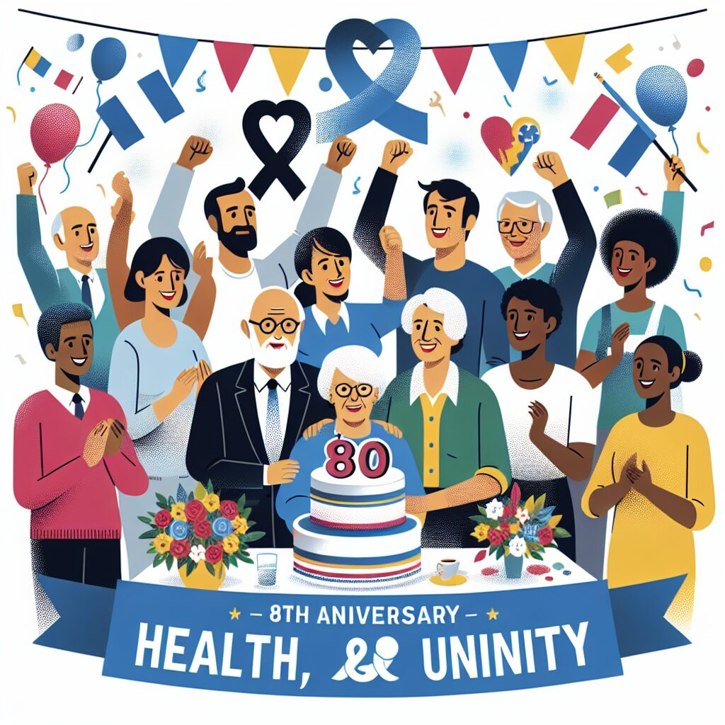 A celebratory image depicting the 80th anniversary of the French Social Security with elements of health, unity, and public service. Include diverse people of different ages and backgrounds participating in festive activities, symbolizing community support and solidarity.