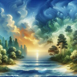 An illustrative image of a serene mind depicted through a peaceful landscape with elements symbolizing mental well-being, such as a calm ocean, a bright sky, and flourishing greenery. The image should evoke tranquility and balance, reflecting the theme of mental health.