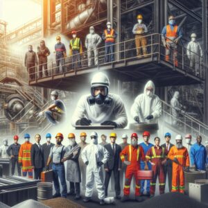 An insightful image capturing the essence of workplace health, with diverse workers, including ones in protective gear, in an industrial setting, embodying the themes of occupational diseases and prevention.
