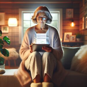 An elderly person sitting comfortably, using a tablet with a serene environment. The screen shows a health-related questionnaire, symbolizing self-assessment and autonomy.