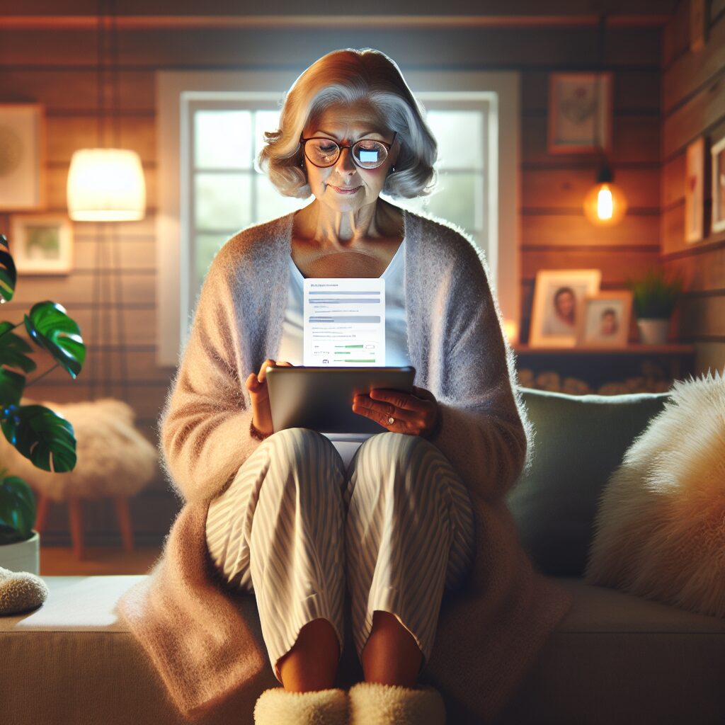 An elderly person sitting comfortably, using a tablet with a serene environment. The screen shows a health-related questionnaire, symbolizing self-assessment and autonomy.