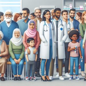 A diverse group of people, from elderly individuals to young parents with children, queuing at a pharmacy for flu vaccination. The scene captures a community setting with a sense of urgency and healthcare professionals assisting.