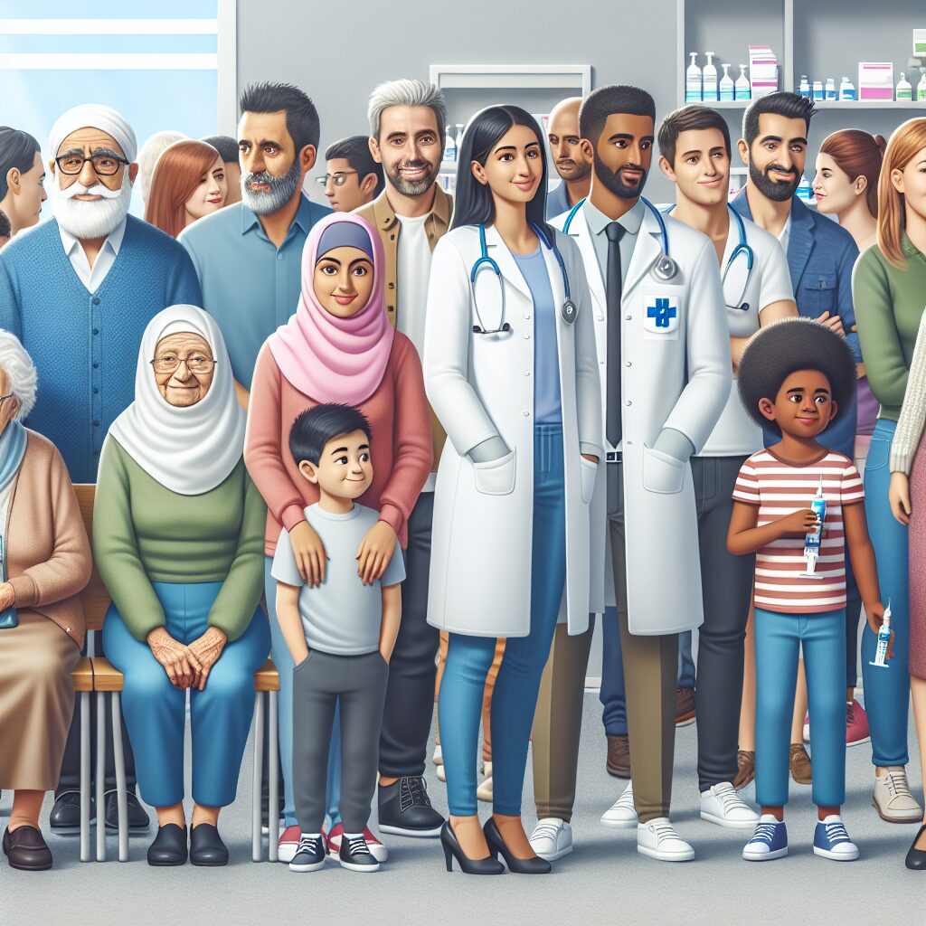 A diverse group of people, from elderly individuals to young parents with children, queuing at a pharmacy for flu vaccination. The scene captures a community setting with a sense of urgency and healthcare professionals assisting.