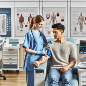 A caring nurse assisting a plasma donor in a modern medical facility, showcasing the importance of plasma donation, with diagrams explaining the plasma extraction process and its benefits.