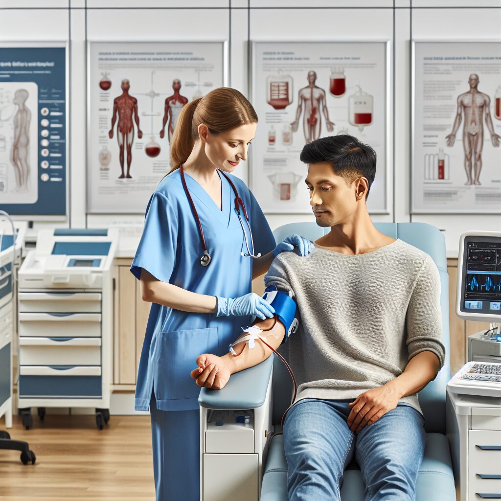 A caring nurse assisting a plasma donor in a modern medical facility, showcasing the importance of plasma donation, with diagrams explaining the plasma extraction process and its benefits.