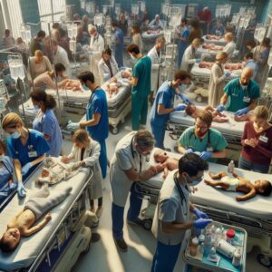 A busy pediatric emergency room with healthcare workers attending to infants, embodying the urgency and seriousness of bronchiolitis season, highlighting the hectic environment with medical professionals and concerned parents.