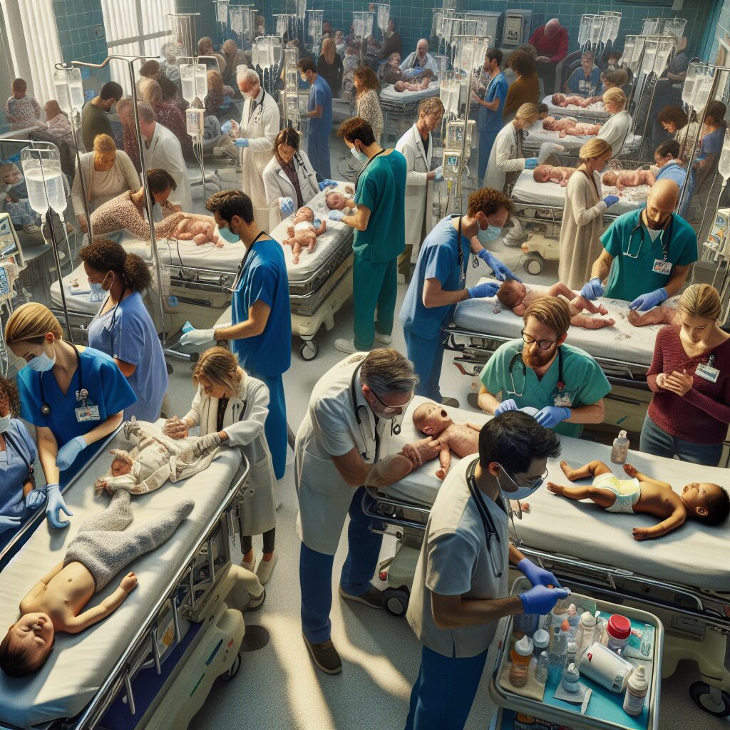 A busy pediatric emergency room with healthcare workers attending to infants, embodying the urgency and seriousness of bronchiolitis season, highlighting the hectic environment with medical professionals and concerned parents.