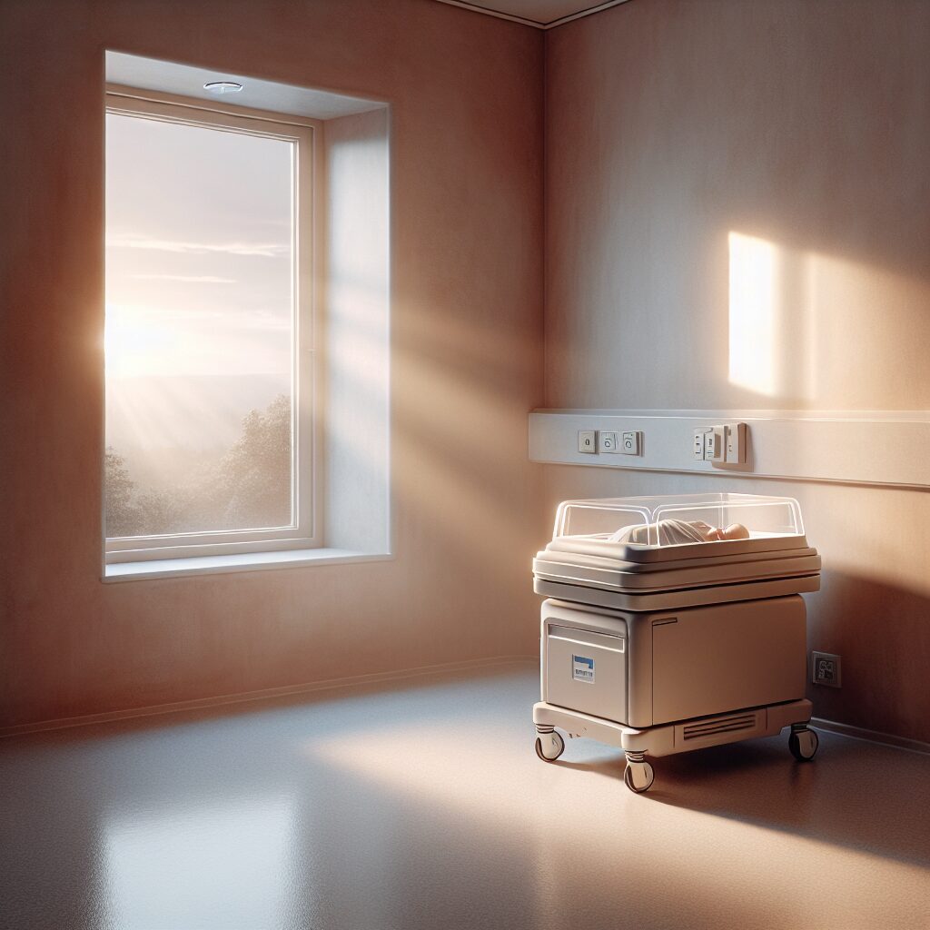 A serene hospital room with a CuddleCot, a small refrigerated cot designed to preserve the body of a deceased infant, placed gently near a window with soft light filtering through, creating a peaceful and respectful ambiance.