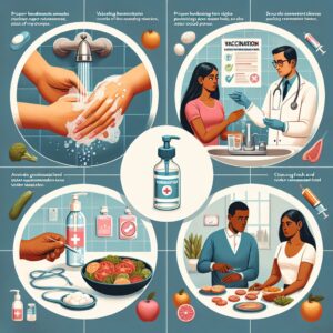 An informative illustration showing preventive measures against hepatitis A, including handwashing, vaccination, and avoiding contaminated food. The image is educational with a focus on public health.