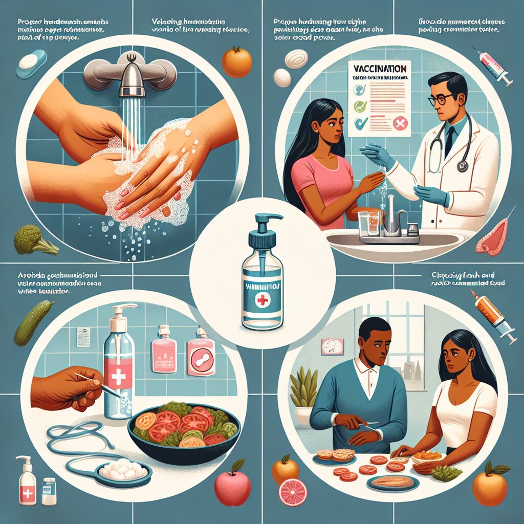 An informative illustration showing preventive measures against hepatitis A, including handwashing, vaccination, and avoiding contaminated food. The image is educational with a focus on public health.