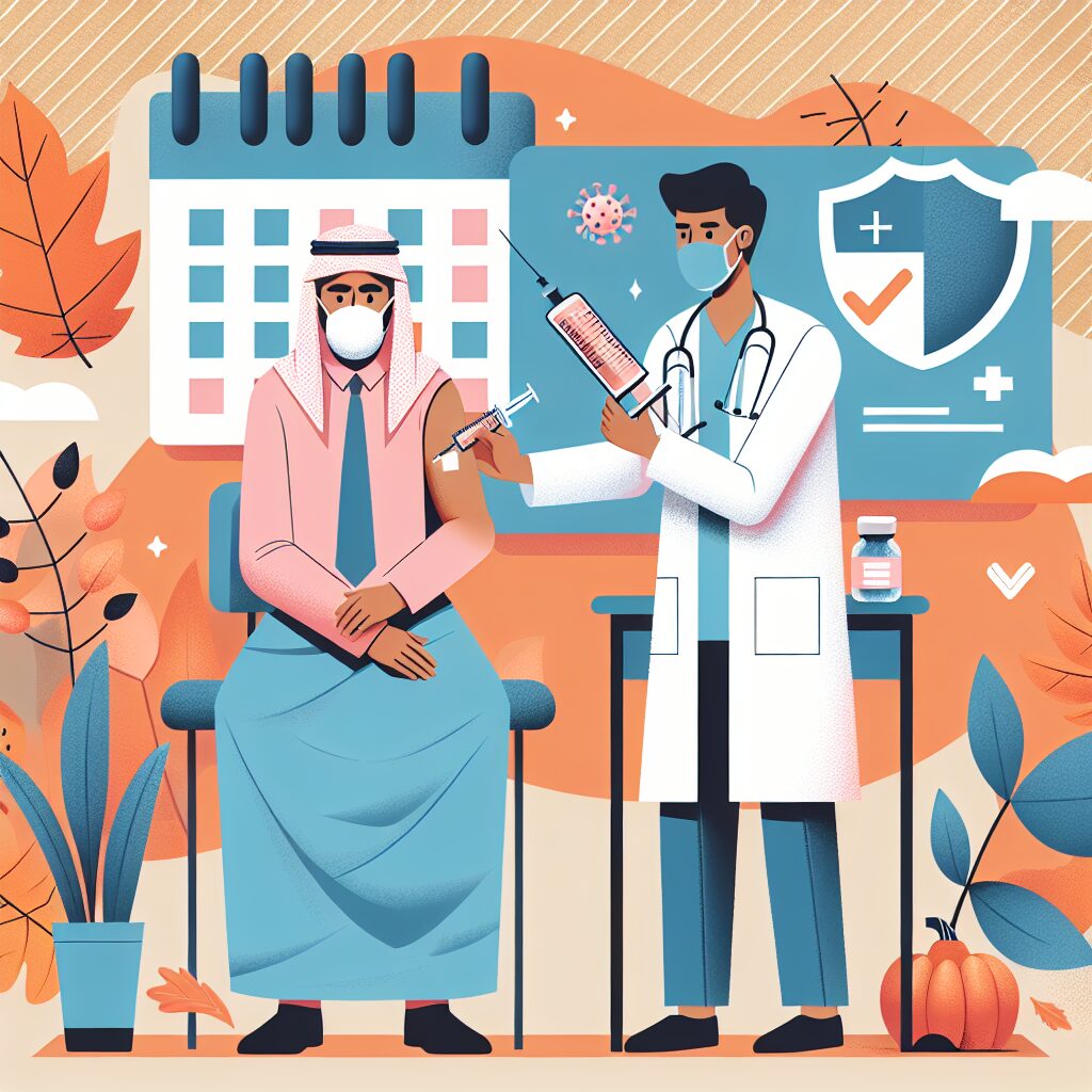 Illustration montrant un professionnel de santé administrant un vaccin dans un environnement médical moderne, symbolisant la campagne vaccinale automnale contre le Covid-19. Ajoutez des éléments saisonniers pour représenter l'automne, comme des feuilles orangées ou un calendrier marquant le mois d'octobre.
