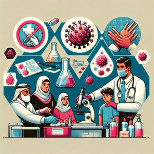 A medical illustration showing the spread of Hepatitis A virus, with a focus on hygiene measures like handwashing, sanitizing surfaces, and depicting a public health warning. Include elements like a magnified virus, a doctor advising a family, and symbolic preventive actions.