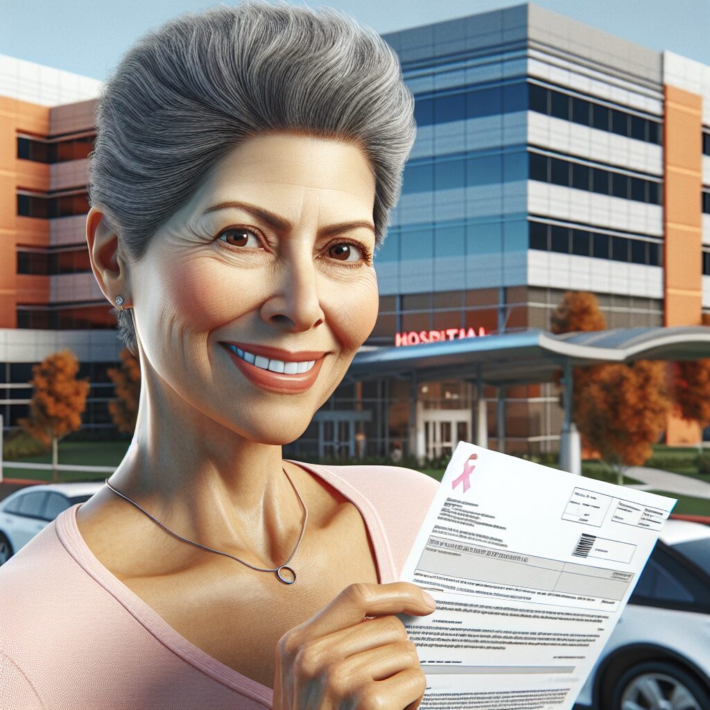 Illustration d'une femme d'âge moyen, souriante, recevant un courrier pour un dépistage du cancer du sein, avec un hôpital en arrière-plan. Elle semble confiante et déterminée, reflétant la campagne de sensibilisation pour la santé des femmes après cinquante ans.