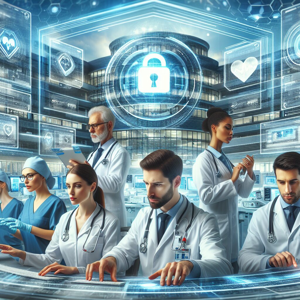 A futuristic hospital setting under cyber attack, with digital elements illustrating the concept of cybersecurity in healthcare. Medical professionals are focused on digital screens displaying security alerts, emphasizing the theme of technology protection.