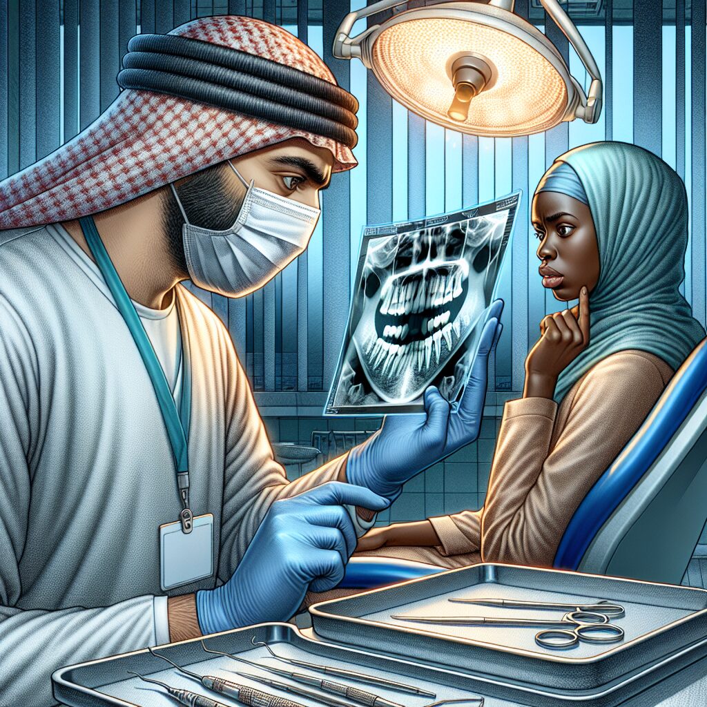 A detailed illustration showing a dentist examining a patient's dental X-ray, displaying an unusual jaw with an excessive number of teeth.