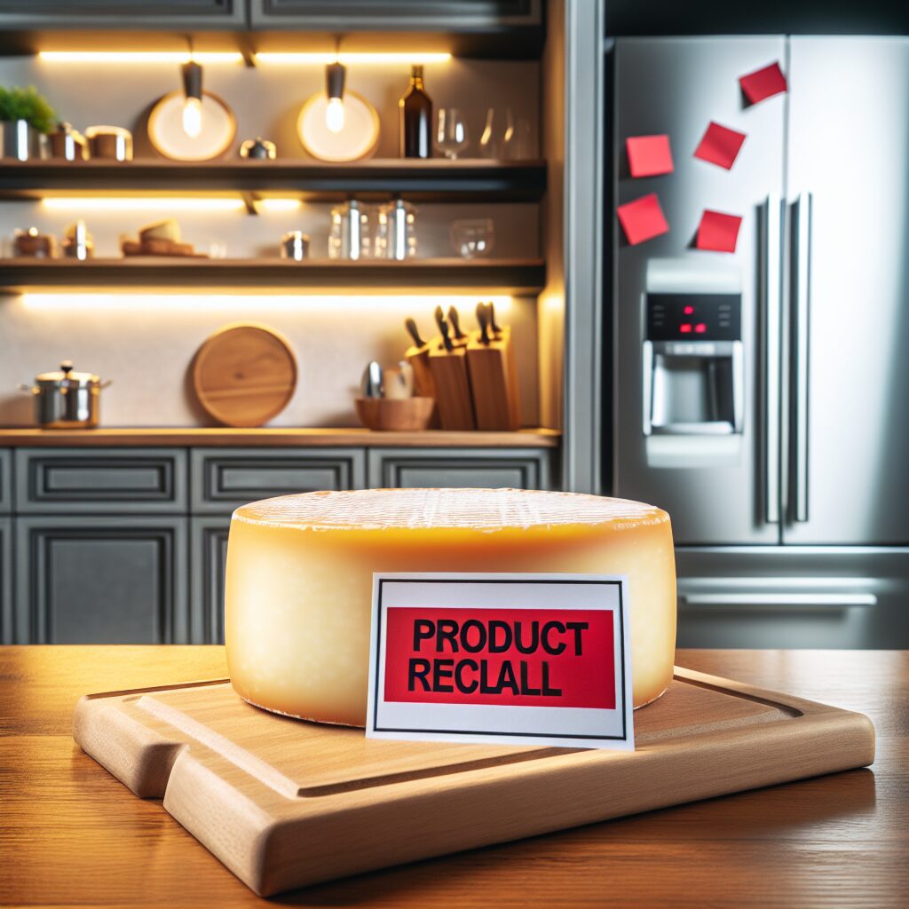 Image d'un reblochon sur une planche en bois avec un panneau d'avertissement rouge indiquant "Rappel de produit". En arrière-plan, un réfrigérateur et une cuisine moderne.
