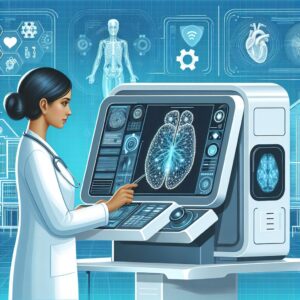 Illustration d'une machine d'imagerie médicale moderne intégrant l'intelligence artificielle, avec un fond hospitalier, montrant un médecin en train de travailler sur des données complexes sur un écran.