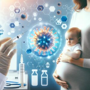 Image d'une femme enceinte recevant un vaccin dans un cadre médical, avec une illustration de virus en arrière-plan symbolisant la protection contre la bronchiolite des nourrissons.
