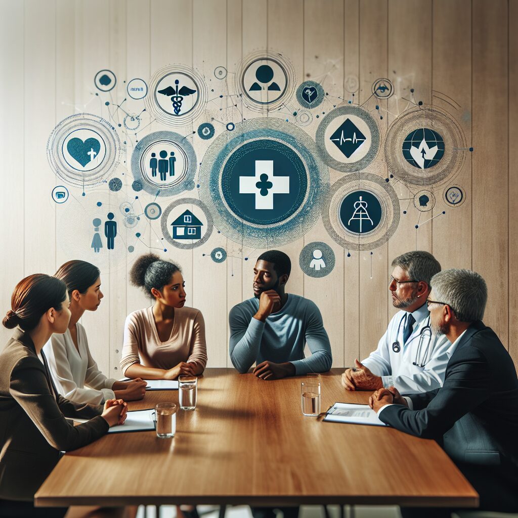 A diverse group of individuals engaged in a dynamic discussion at a board table, symbolizing public health dialogue and stakeholder engagement, with a background representing health and community icons.