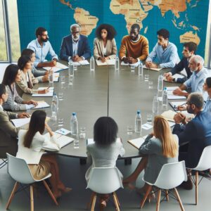 Un groupe d'experts en réunion autour d'une table ovale, discutant de stratégies sanitaires, avec des cartes des îles Franco-Antillaises en arrière-plan.