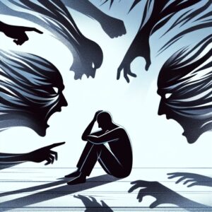 Illustration représentant une silhouette humaine désemparée entourée d'ombres, symbolisant le sentiment d'irréalité et de non-existence lié au syndrome de Cotard.