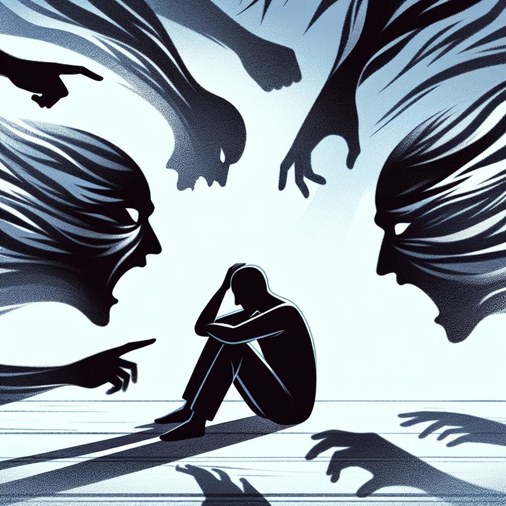 Illustration représentant une silhouette humaine désemparée entourée d'ombres, symbolisant le sentiment d'irréalité et de non-existence lié au syndrome de Cotard.