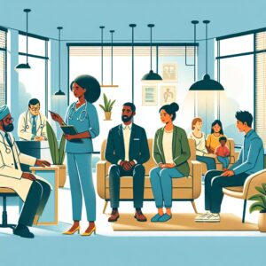 Illustration showing diverse individuals accessing healthcare services in France, symbolizing social solidarity and financial assistance in health expenses.