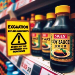 A bottle of soy sauce with a Carrefour label on a supermarket shelf, highlighting expired ingredients under a warning sign. The image is vibrant, focusing on the packaging details, surrounded by other Asian food products.