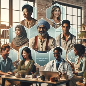 An illustration of a diverse group of self-employed individuals, including artisans, merchants, and self-employed professionals, collaborating with health professionals in a cozy, modern office setting. The scene conveys a feeling of support, guidance, and a focus on health and well-being.