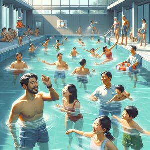A public swimming pool with clear water and people swimming, a lifeguard observing, and a joyful family playing in the water. The atmosphere is bright and clean, emphasizing freshness and safety.