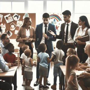 A professional setting in an office or classroom with adults and children, highlighting the theme of child safety and protection against sexual violence. The adults are wearing professional attire and are engaged in a supportive conversation with children.