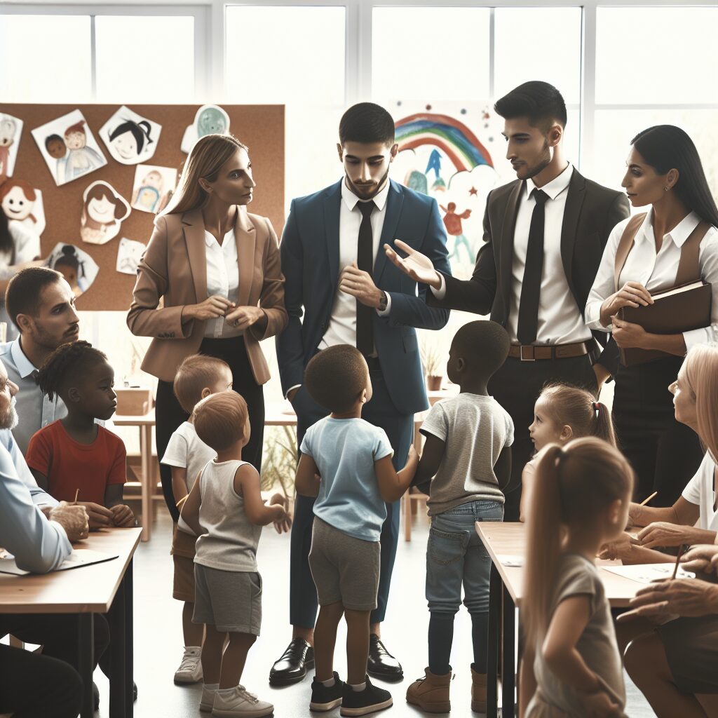 A professional setting in an office or classroom with adults and children, highlighting the theme of child safety and protection against sexual violence. The adults are wearing professional attire and are engaged in a supportive conversation with children.