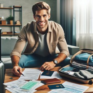 Une image illustrant un salarié en arrêt maladie heureusement en train de préparer une valise pour un voyage à l'étranger, avec des documents médicaux et de voyage visibles.