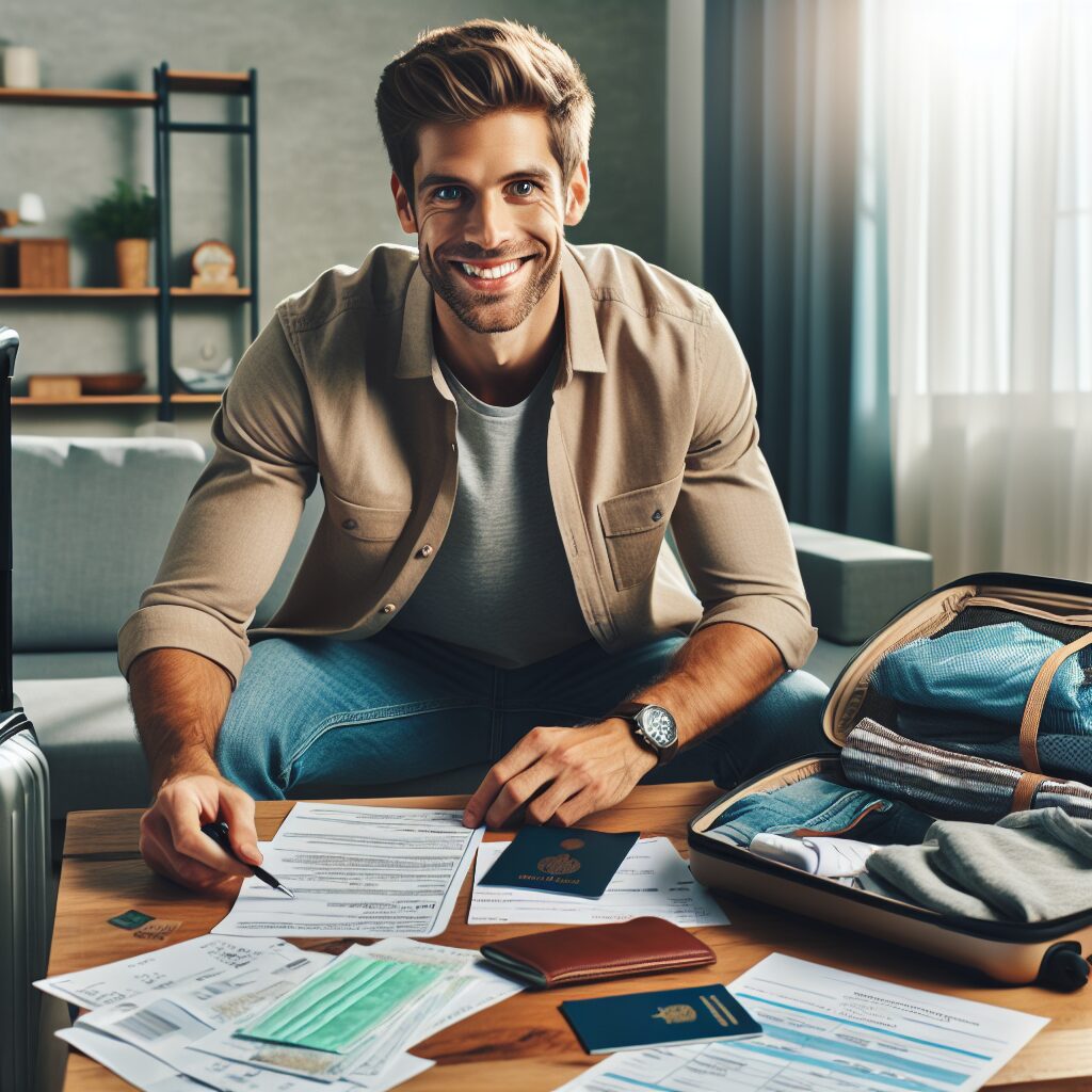 Une image illustrant un salarié en arrêt maladie heureusement en train de préparer une valise pour un voyage à l'étranger, avec des documents médicaux et de voyage visibles.