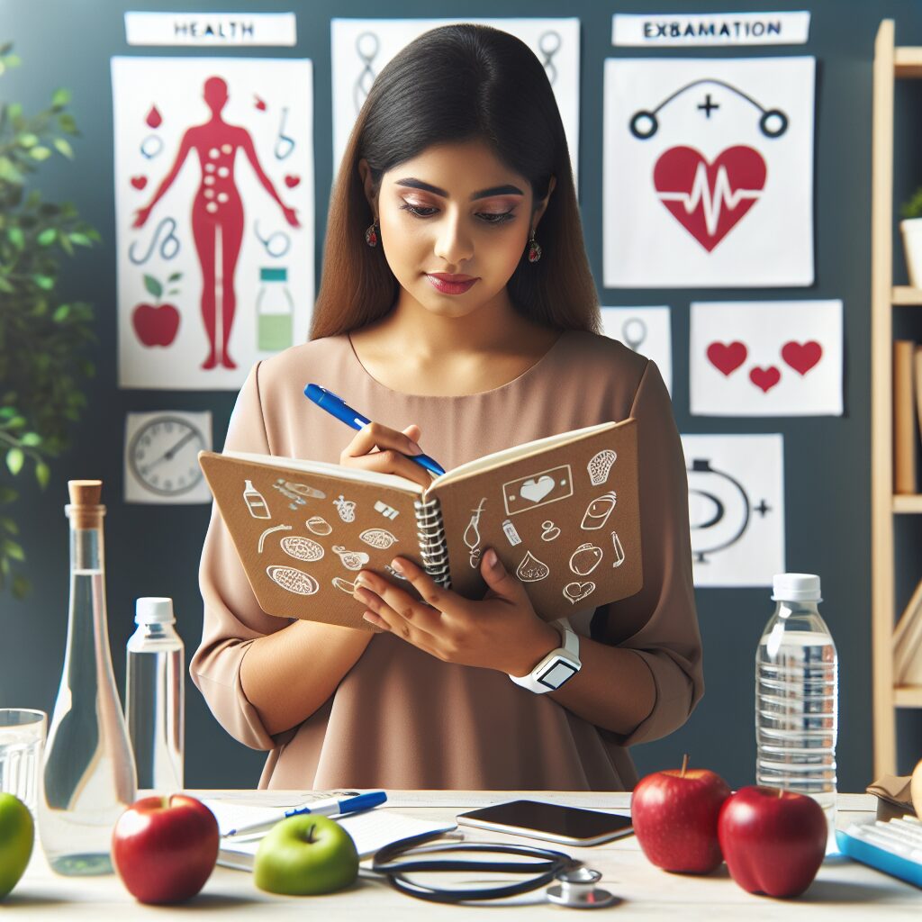 A comforting and informative scene showing a person with diabetes reading a health journal, surrounded by symbols of health and wellness like apples, water bottles, and medical check-up icons. The mood is supportive and educational.