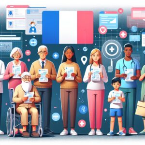 An illustration showing diverse French citizens of different age groups and backgrounds, holding medical bills and documents, with a digital representation of the French healthcare system in the background. The scene should evoke themes of accessibility, support, and community healthcare.