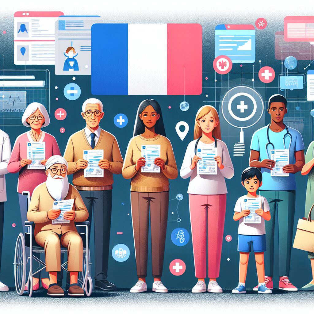 An illustration showing diverse French citizens of different age groups and backgrounds, holding medical bills and documents, with a digital representation of the French healthcare system in the background. The scene should evoke themes of accessibility, support, and community healthcare.