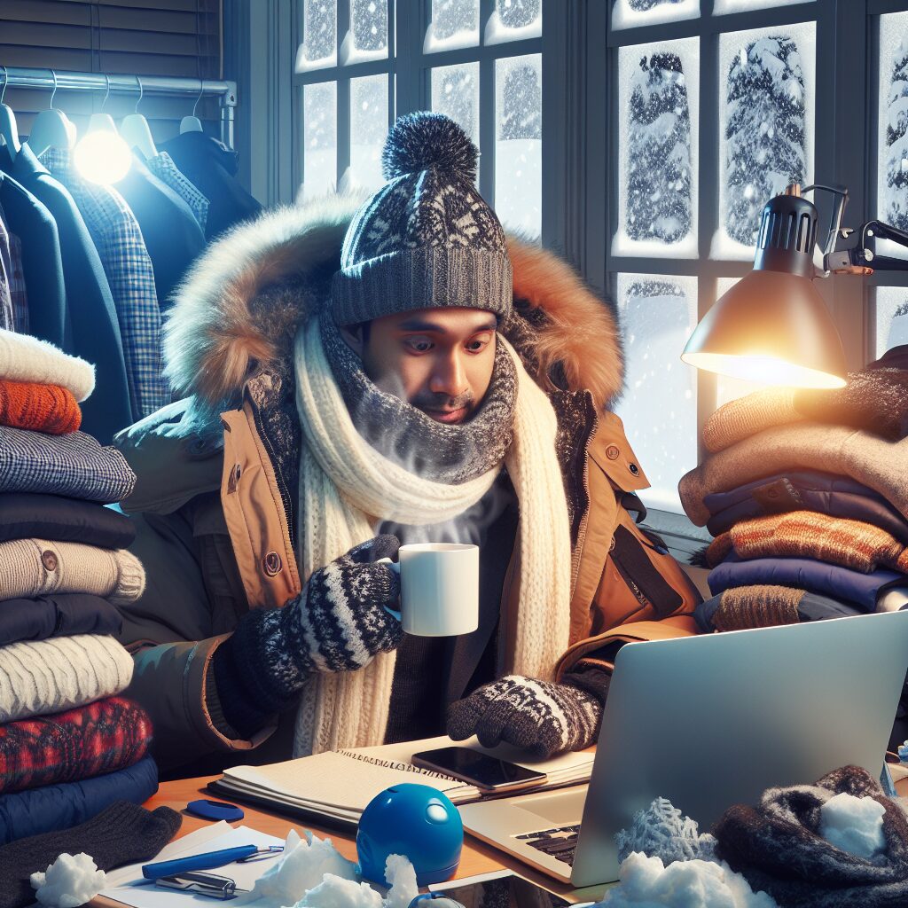 Un employé emmitouflé dans des vêtements d'hiver, travaillant à son bureau entouré de plusieurs couches de vêtements et d'accessoires d'hiver, avec une tasse de thé chaud à la main. Ambiance hivernale à l'intérieur d'un bureau avec des fenêtres montrant une neige abondante à l'extérieur.