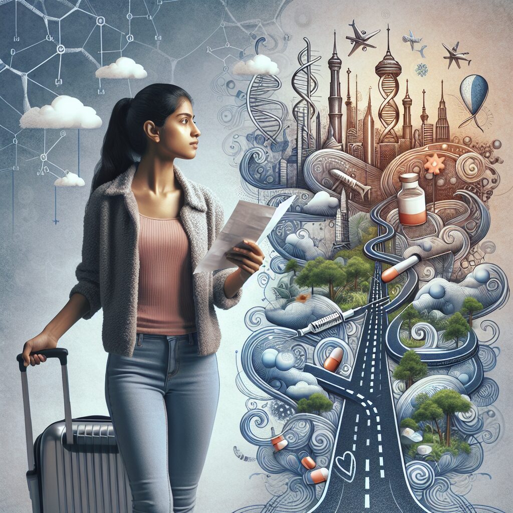 A person traveling abroad with a suitcase, looking at a map, with a medical theme subtly present in the design, depicting freedom to travel during a health leave.