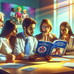 Illustration showing a concerned group of professionals—teachers, social workers, and healthcare providers—gathering around a table, studying a comprehensive guide on child safety and sexual violence. The setting is a bright and supportive environment, emphasizing unity and care. The focus is on a large, detailed book or booklet titled 'Guide de Protection des Enfants'.