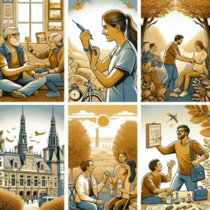 An illustration of World Diabetes Day emphasizing mental health, showing diverse people with diabetes in supportive activities, set in various locations around France during November with autumn colors.
