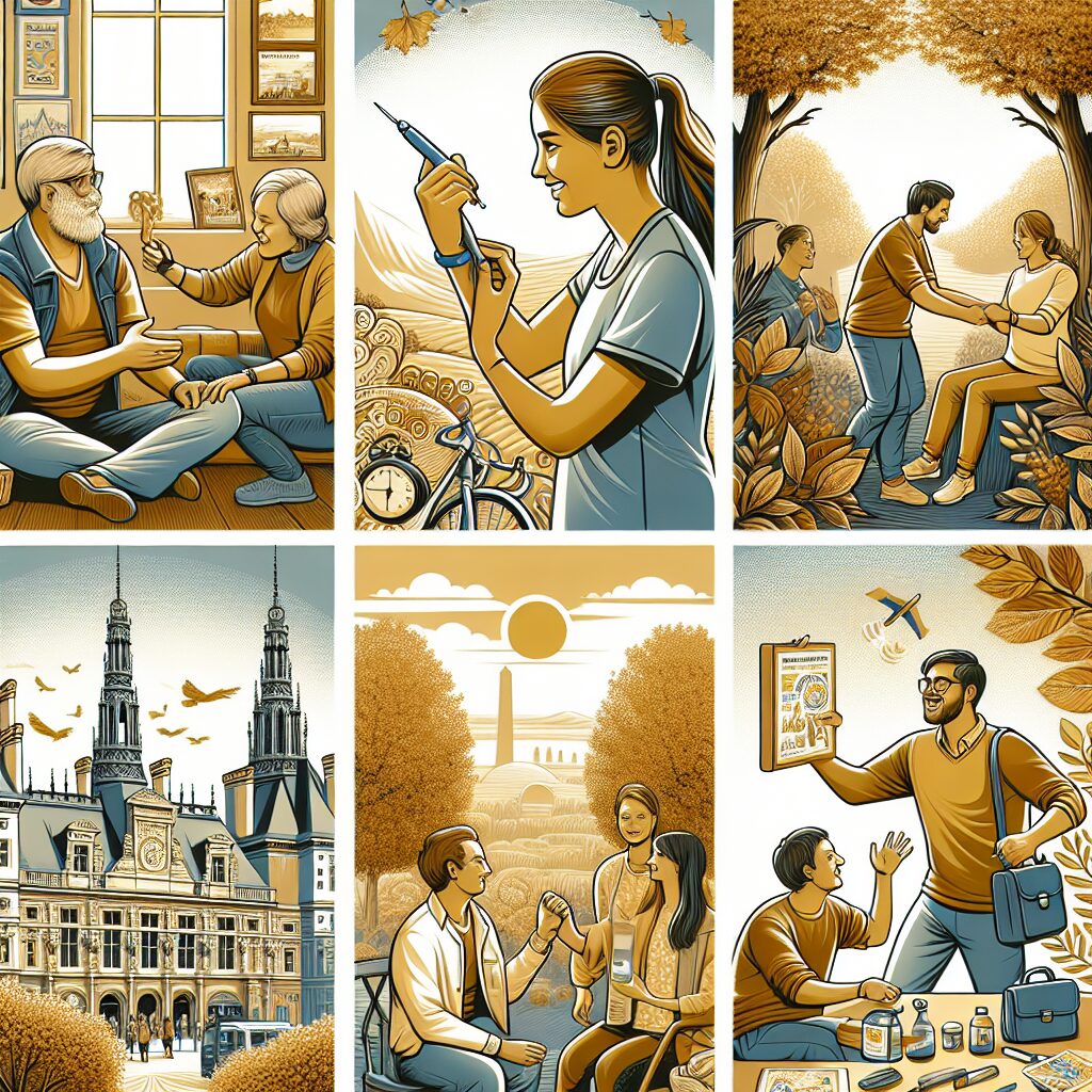 An illustration of World Diabetes Day emphasizing mental health, showing diverse people with diabetes in supportive activities, set in various locations around France during November with autumn colors.