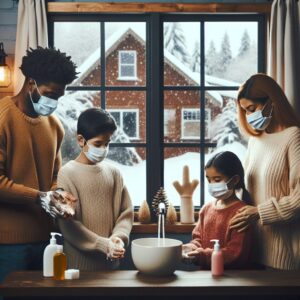A family washing hands and wearing masks in a cozy winter home setting, with snow visible outside the window, emphasizing health and safety during winter. Warm, inviting colors.