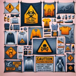 An evocative image showing a variety of modern clothing items with chemical symbols and warning signs subtly integrated into the fabric, representing hidden toxic substances in fast-fashion.