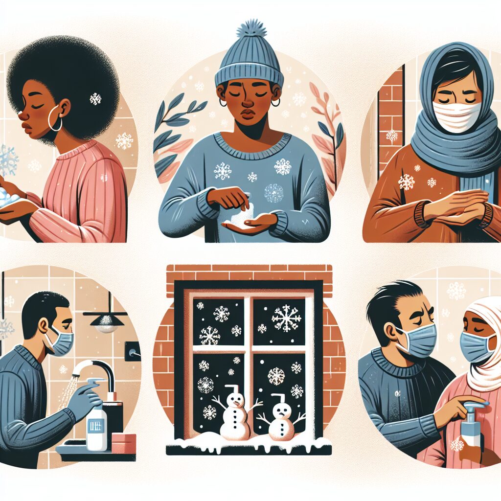 Une image illustrant des gestes barrières : des personnes se lavant les mains, aérant une pièce et portant un masque, le tout dans un contexte hivernal avec des flocons de neige en arrière-plan.
