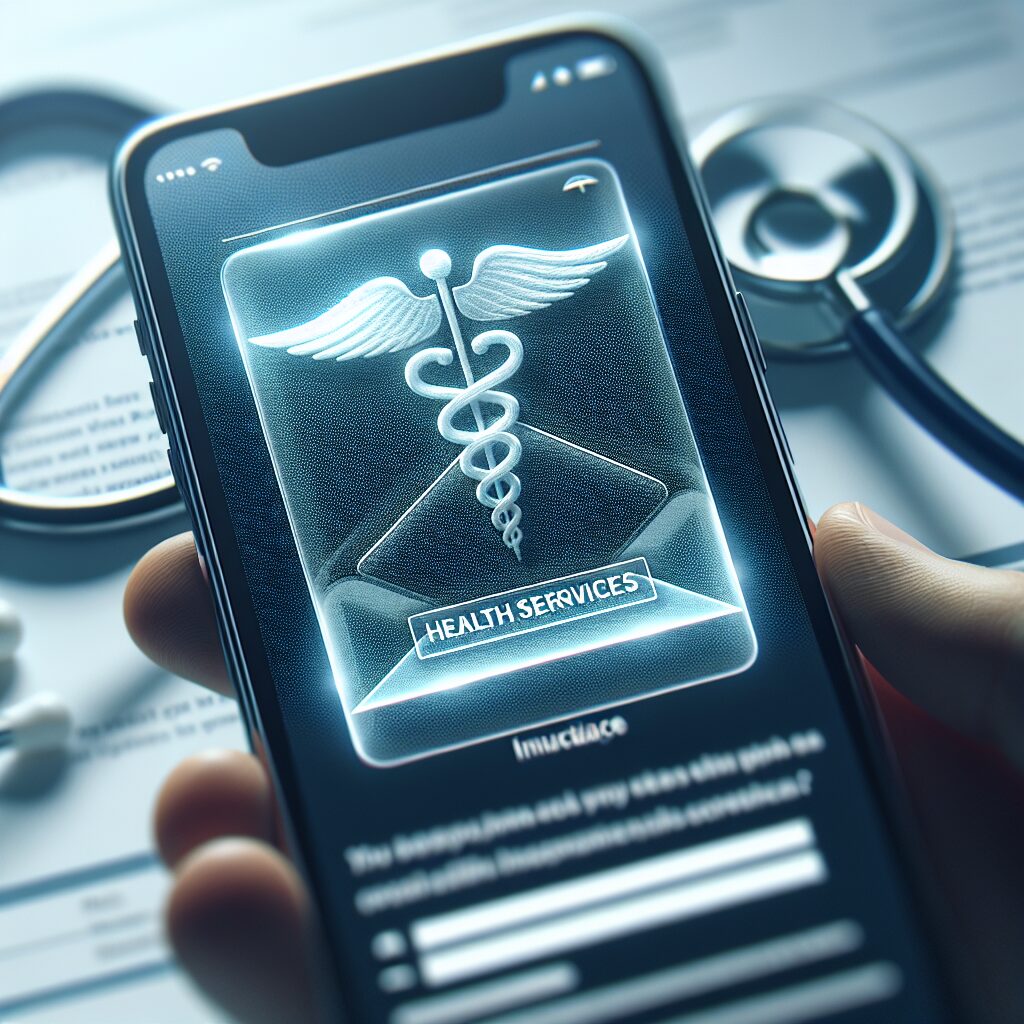 An email notification on a phone screen, illustrating a message from a health insurance company with a background representing health services, close up.