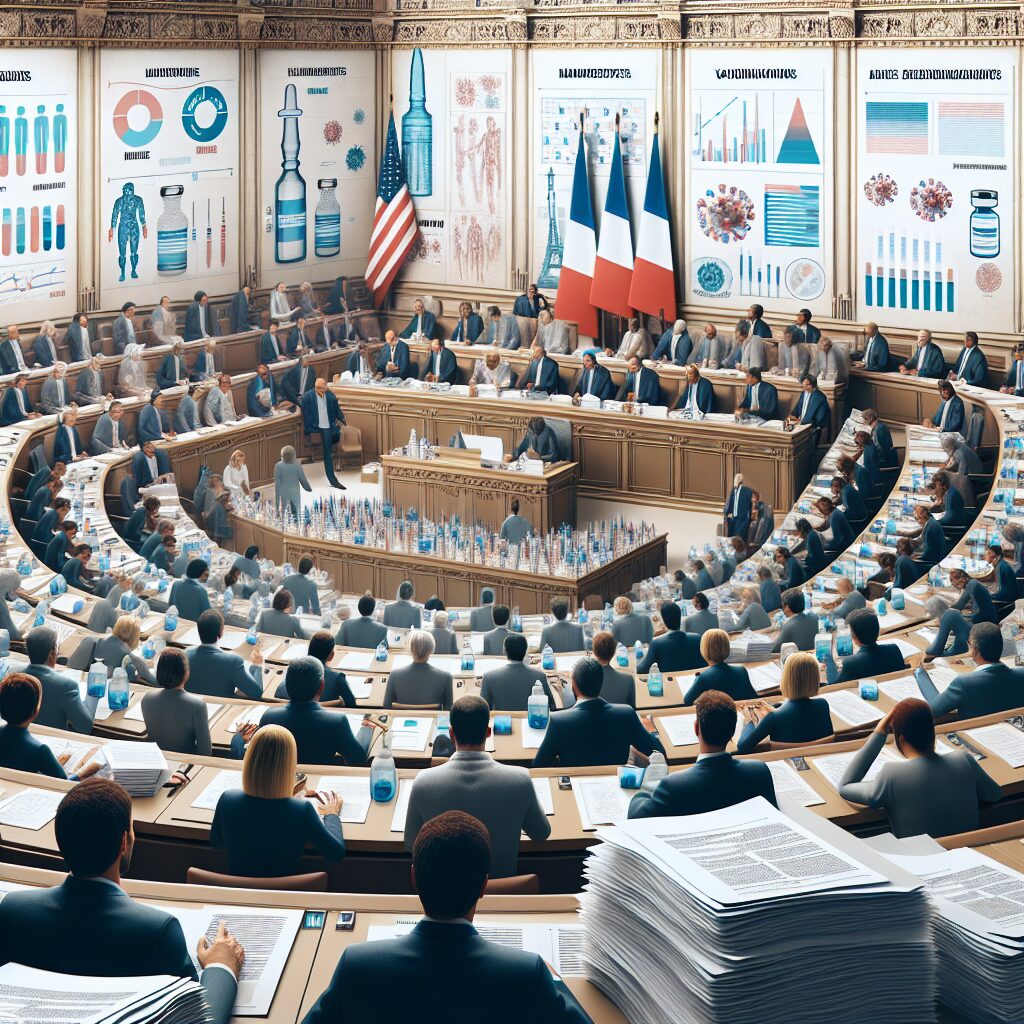 A crowded senate room with senators in discussion, papers on desks, emphasis on healthcare and vaccination theme with subtle French national elements.